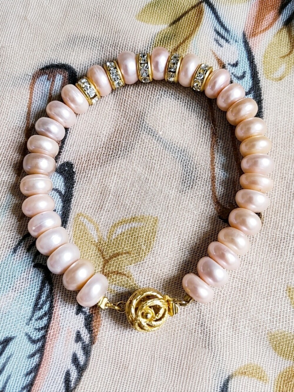 Pink Faux Donut Pearl Crystal Gold Rondelles Gold Tone Clasp Vintage Bracelet